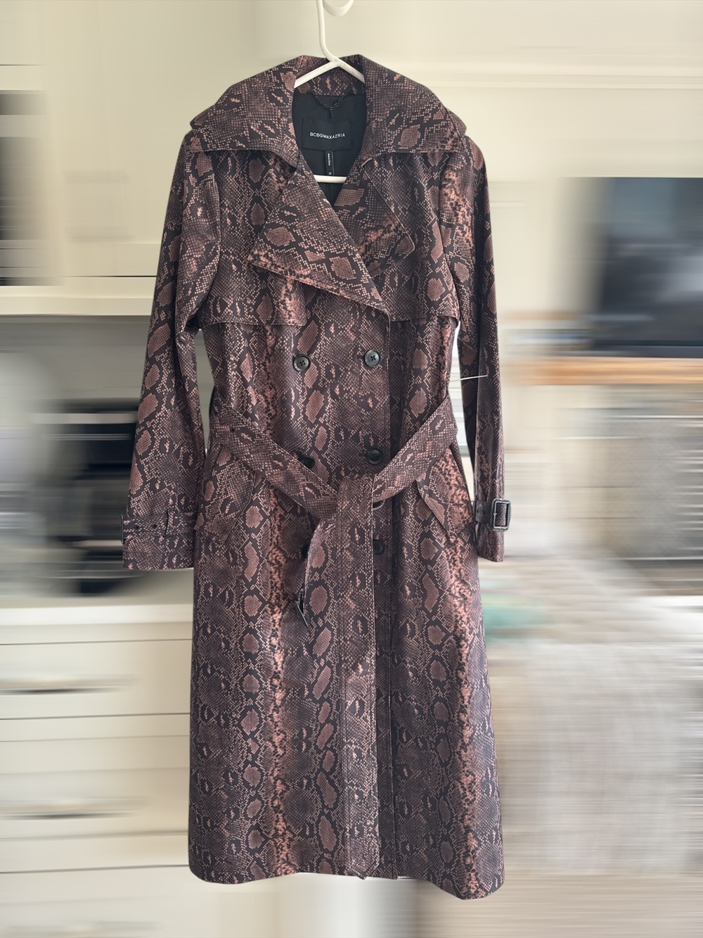 BCBGMaxAzria Brown Snake-Print Trench Coat with Belt